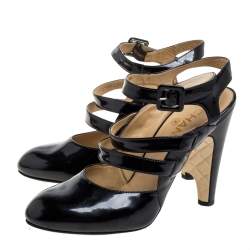 مملوكة مسبقًا Chanel Black Leather Strappy Ankle Strap Wedge Heel Slingback Sandals Size 38