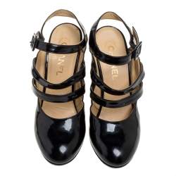 مملوكة مسبقًا Chanel Black Leather Strappy Ankle Strap Wedge Heel Slingback Sandals Size 38