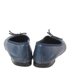 Pre Owned Chanel Blue Leather CC Bow Cap Toe Ballet Flats Size 38.5