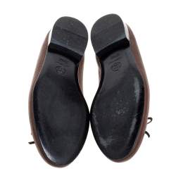 Pre Owned Chanel Brown Leather CC Bow Cap Toe Ballet Flats Size 37.5