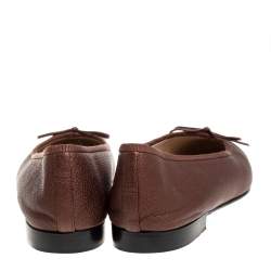 Pre Owned Chanel Brown Leather CC Bow Cap Toe Ballet Flats Size 37.5
