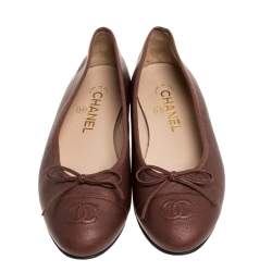 Pre Owned Chanel Brown Leather CC Bow Cap Toe Ballet Flats Size 37.5
