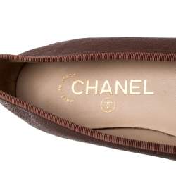 Pre Owned Chanel Brown Leather CC Bow Cap Toe Ballet Flats Size 37.5