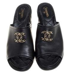 Pre Owned Chanel Black Leather Interlocking CC Mules Size 39.5