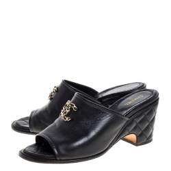 Pre Owned Chanel Black Leather Interlocking CC Mules Size 39.5
