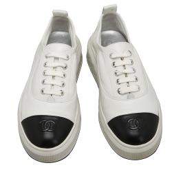 Pre Owned Chanel White/Black Leather Interlocking CC Logo Chunky Sneakers EU 37