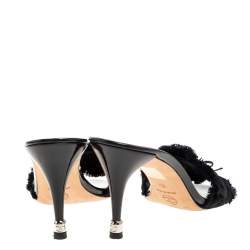 Pre Owned Chanel Black Fabric Trim Bow Slide Sandals Size 39