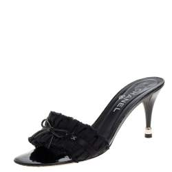 Chanel Black Fabric Trim Bow Slide Sandals Size 39 Chanel
