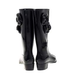 Chanel Black Rubber Camellia Rain Boots Size 38