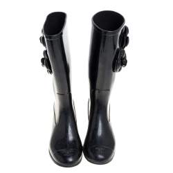 Chanel Black Rubber Camellia Rain Boots Size 38