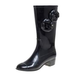 Chanel Black Rubber Camellia Rain Boots Size 38
