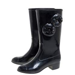 Chanel Black Rubber Camellia Rain Boots Size 38