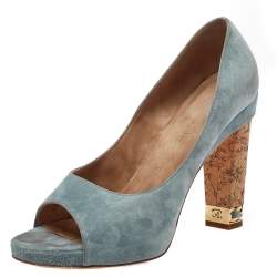 Chanel Light Blue Suede Cork Heel Open Toe Pumps Size 39