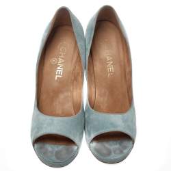 Chanel Light Blue Suede Cork Heel Open Toe Pumps Size 39