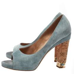 Chanel Light Blue Suede Cork Heel Open Toe Pumps Size 39