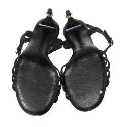 مملوكة مسبقًا Chanel Black Leather Camellia Applique  Ankle Strap Sandals Size 36