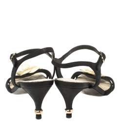 مملوكة مسبقًا Chanel Black Leather Camellia Applique  Ankle Strap Sandals Size 36