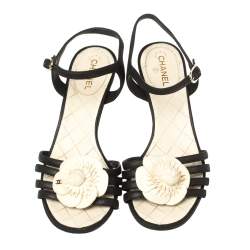 مملوكة مسبقًا Chanel Black Leather Camellia Applique  Ankle Strap Sandals Size 36