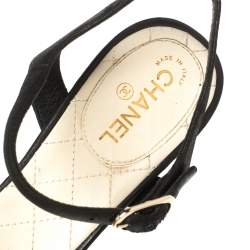 مملوكة مسبقًا Chanel Black Leather Camellia Applique  Ankle Strap Sandals Size 36