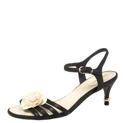 مملوكة مسبقًا Chanel Black Leather Camellia Applique  Ankle Strap Sandals Size 36