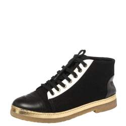 Chanel Black/Gold Lurex And Leather CC Cap Toe Ankle Boots Size 36