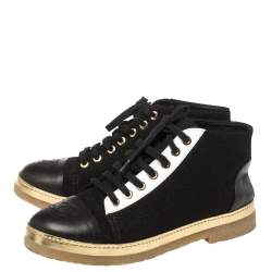 Chanel Black/Gold Lurex And Leather CC Cap Toe Ankle Boots Size 36
