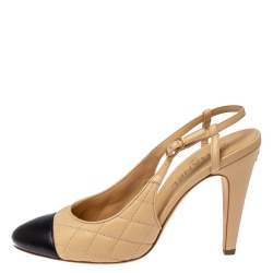 Pre Owned صندل شانيل فتحة كعب غطاء مقدمة جلد مبطن بيج / أسود مقاس 41