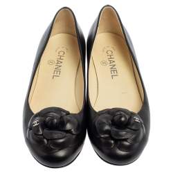 Pre Owned Chanel Black Leather CC Camellia Ballet Flats Size 37.5