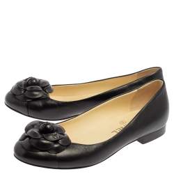 Pre Owned Chanel Black Leather CC Camellia Ballet Flats Size 37.5