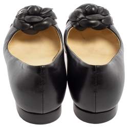 Pre Owned Chanel Black Leather CC Camellia Ballet Flats Size 37.5