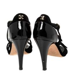 Chanel Black Velvet And Patent Leather CC Strappy Buckle Sandals Size 38