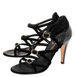 Chanel Black Velvet And Patent Leather CC Strappy Buckle Sandals Size 38