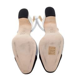Pre Owned Chanel Silver/Black Leather And Fabric Cap Toe Slingback Sandals Size 37