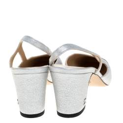 Pre Owned Chanel Silver/Black Leather And Fabric Cap Toe Slingback Sandals Size 37