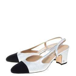 Pre Owned Chanel Silver/Black Leather And Fabric Cap Toe Slingback Sandals Size 37