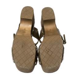 Pre Owned Chanel Olive Green Leather Embellished Criss Cross Ankle Strap Platform Clog Sandals Size 38