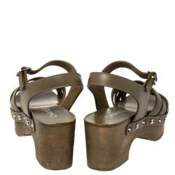 Pre Owned Chanel Olive Green Leather Embellished Criss Cross Ankle Strap Platform Clog Sandals Size 38