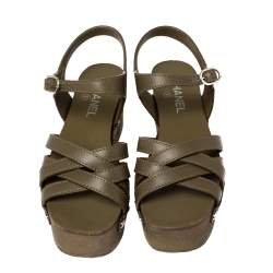 Pre Owned Chanel Olive Green Leather Embellished Criss Cross Ankle Strap Platform Clog Sandals Size 38