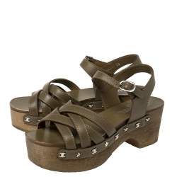 Pre Owned Chanel Olive Green Leather Embellished Criss Cross Ankle Strap Platform Clog Sandals Size 38