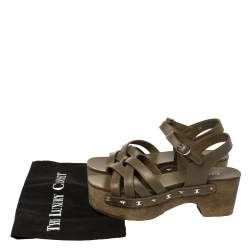 Pre Owned Chanel Olive Green Leather Embellished Criss Cross Ankle Strap Platform Clog Sandals Size 38