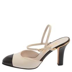 Pre Owned  Chanel Off White/Black Leather CC Cap Toe Ankle Strap Sandals Size 36