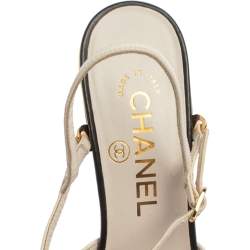 Pre Owned  Chanel Off White/Black Leather CC Cap Toe Ankle Strap Sandals Size 36
