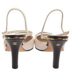 Pre Owned  Chanel Off White/Black Leather CC Cap Toe Ankle Strap Sandals Size 36