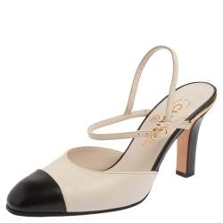 Pre Owned  Chanel Off White/Black Leather CC Cap Toe Ankle Strap Sandals Size 36