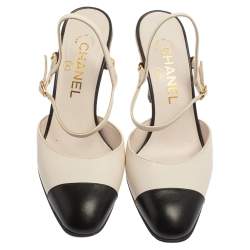 Pre Owned  Chanel Off White/Black Leather CC Cap Toe Ankle Strap Sandals Size 36