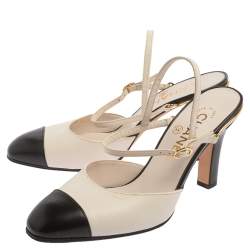 Pre Owned  Chanel Off White/Black Leather CC Cap Toe Ankle Strap Sandals Size 36