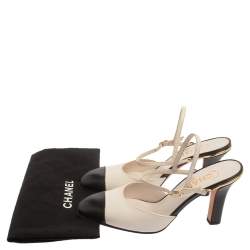 Pre Owned  Chanel Off White/Black Leather CC Cap Toe Ankle Strap Sandals Size 36