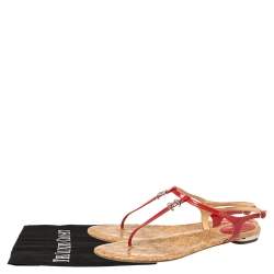 Pre Owned Chanel Red Patent Leather CC T-Strap Thong Flat Sandals Size 41