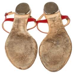 Pre Owned Chanel Red Patent Leather CC T-Strap Thong Flat Sandals Size 41