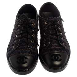 Pre Owned Chanel Multicolor Tweed And Leather CC Cap Toe Low Top Sneakers Size 36.5